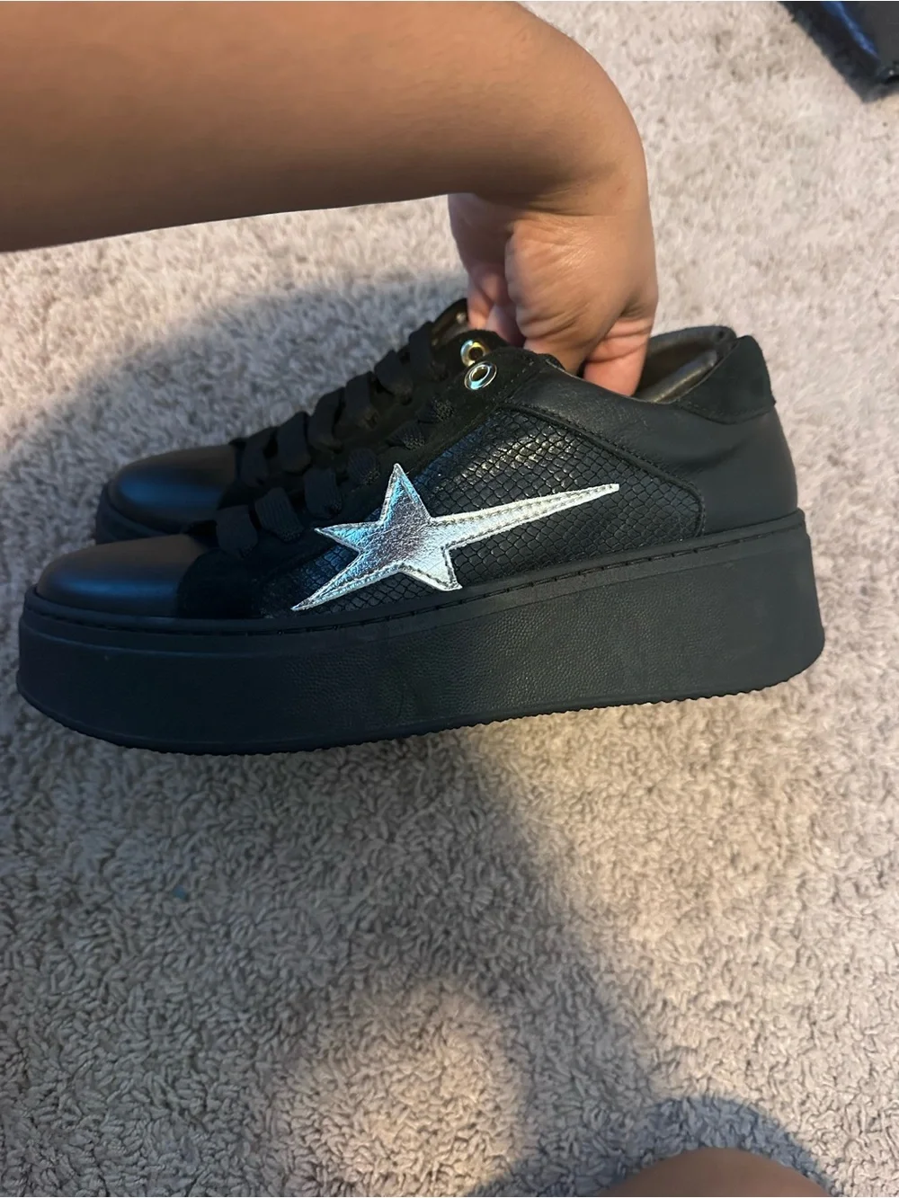 Joccia Italian Leather Star Platform Sneakers Black Silver Size 39
